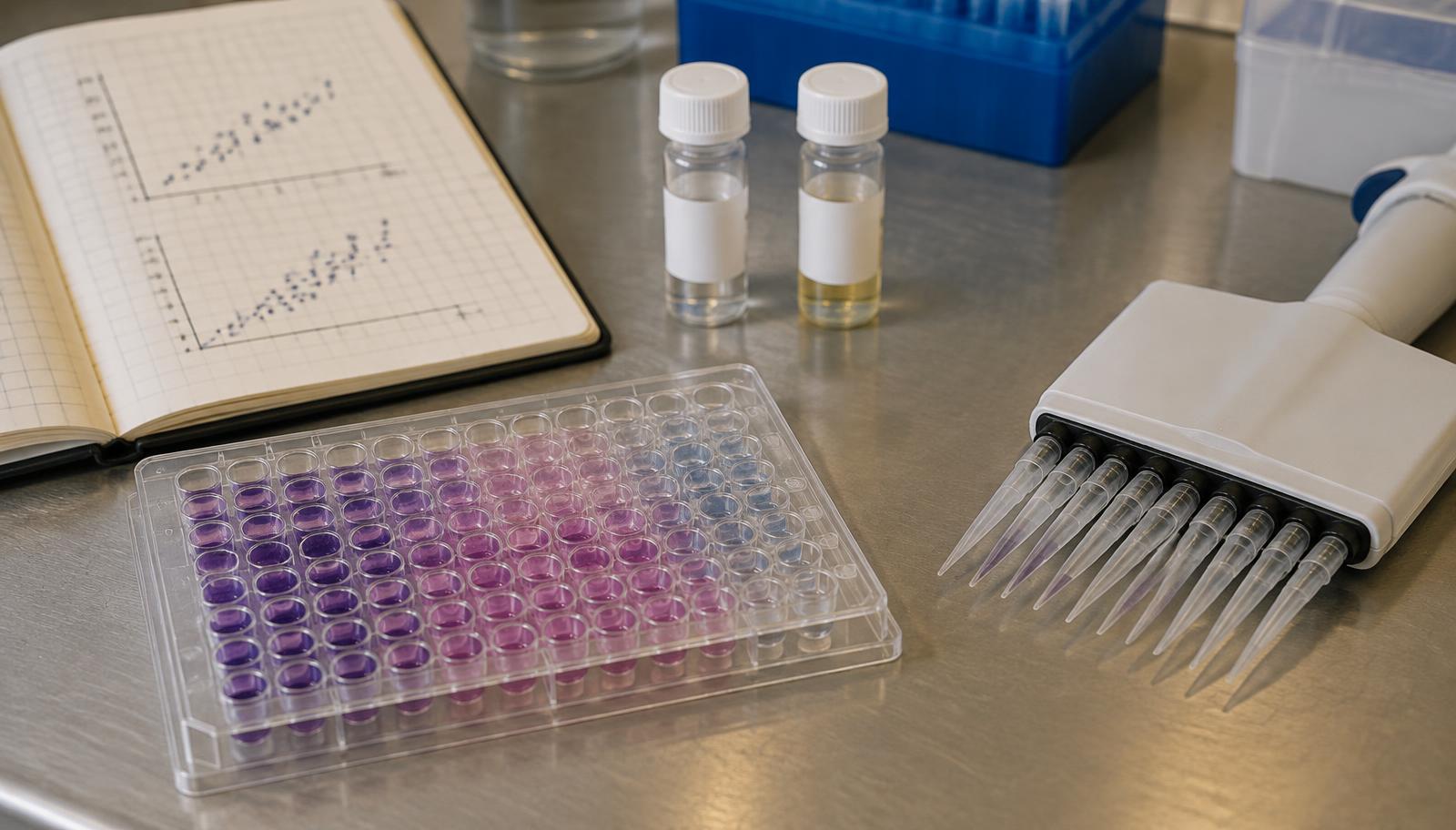 96-well microplate with uneven colour intensities beside a multichannel pipette, two vials and a notebook with scatter plots.