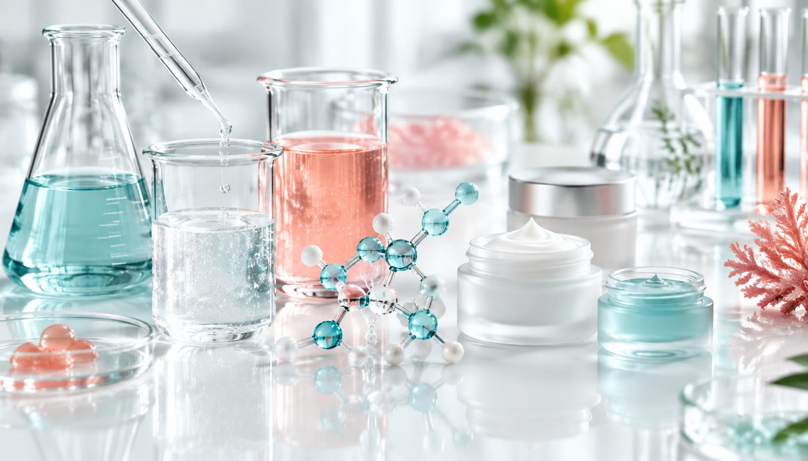 Vetreria per la formulazione cosmetica, texture di siero e un modello astratto di peptide