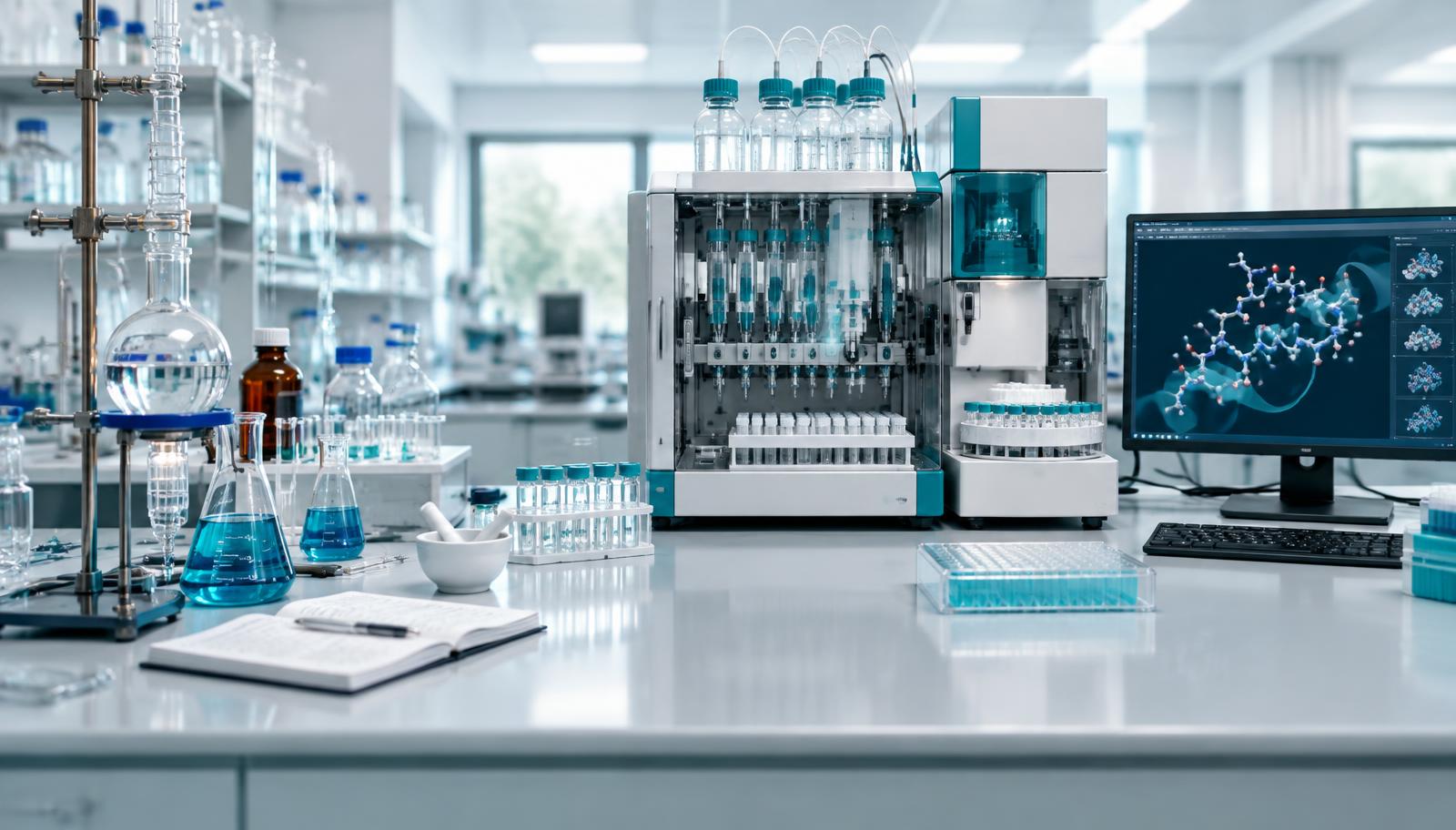 Un laboratorio luminoso con vetreria classica accanto a una piattaforma automatizzata per la sintesi dei peptidi.