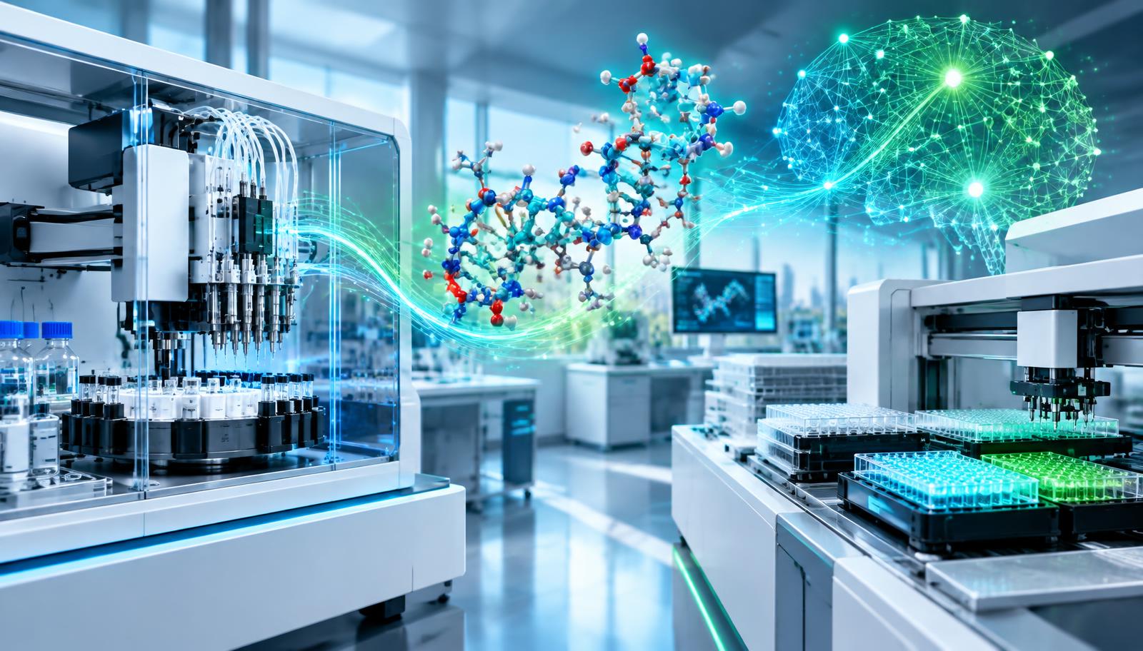 Sistemi robotizzati di sintesi e screening collegati a un modello peptidico e a una rete astratta di intelligenza artificiale.
