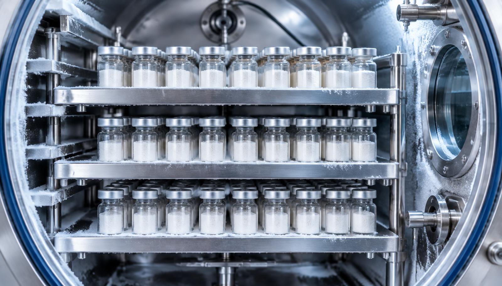 File di flaconcini per la ricerca con panetti liofilizzati all'interno di un moderno liofilizzatore.