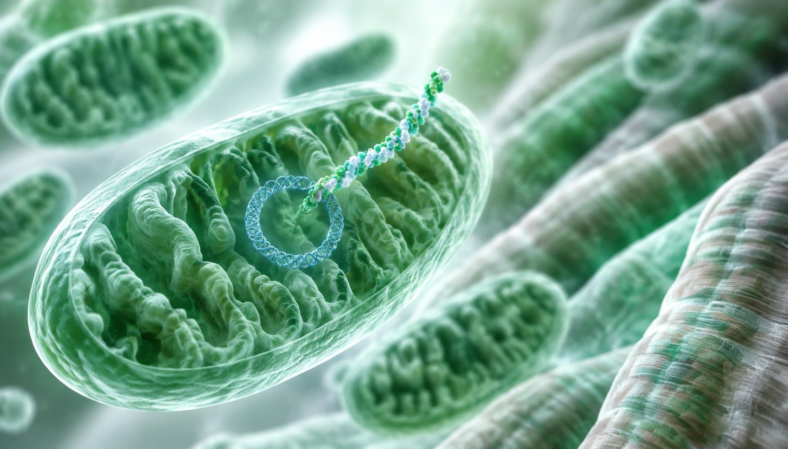 Illustration of a mitochondrion with a circular DNA strand and a short peptide chain emerging beside muscle fibres