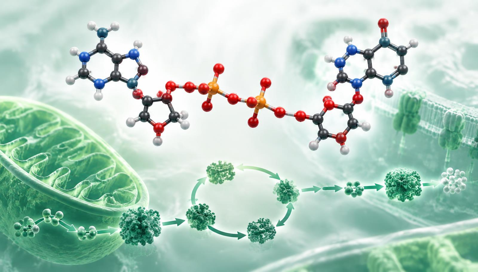 Ball-and-stick model of a dinucleotide coenzyme above illustrated mitochondria and metabolic pathways