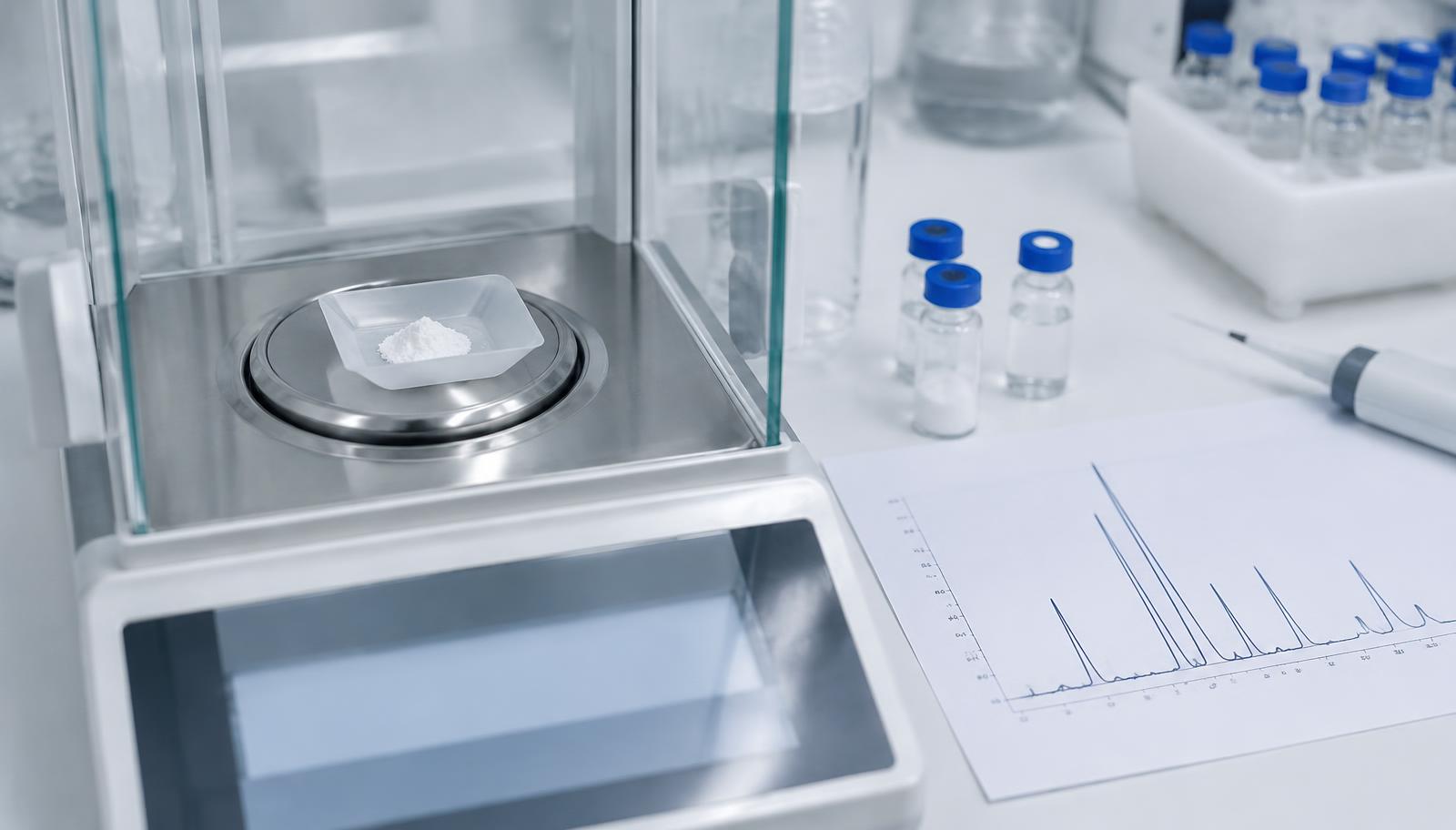 Analytical microbalance weighing white lyophilised peptide powder beside small vials and an amino acid analysis chromatogram.