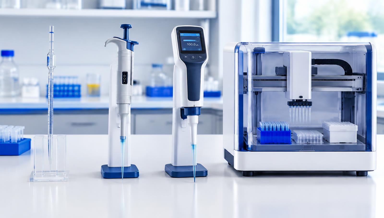Dispensatori da laboratorio manuali e digitali disposti accanto a un sistema automatizzato per la gestione dei liquidi.