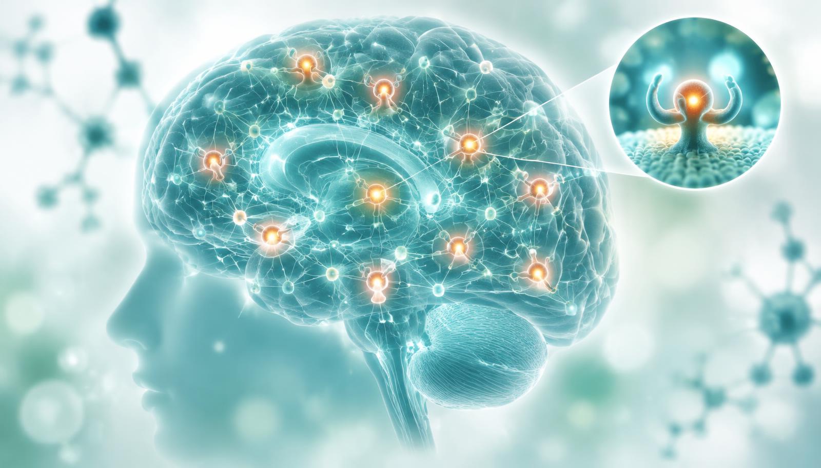 Illustration of a human brain with highlighted melanocortin receptor sites and a magnified receptor