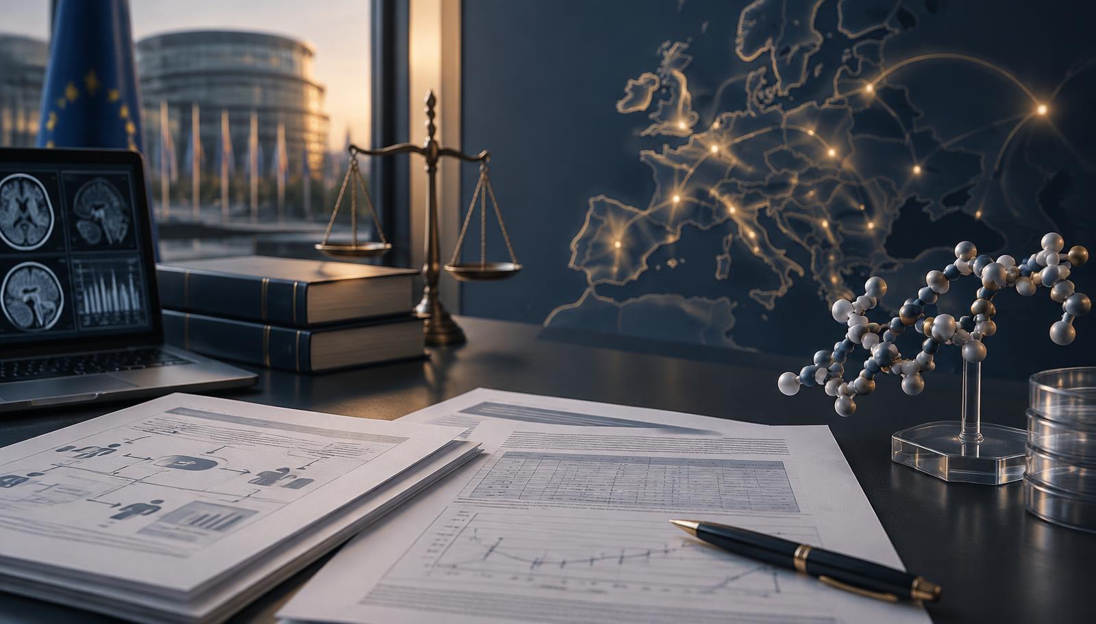 Desk with clinical trial documents, a peptide molecular model and an illuminated map of Europe representing the regulatory landscape.