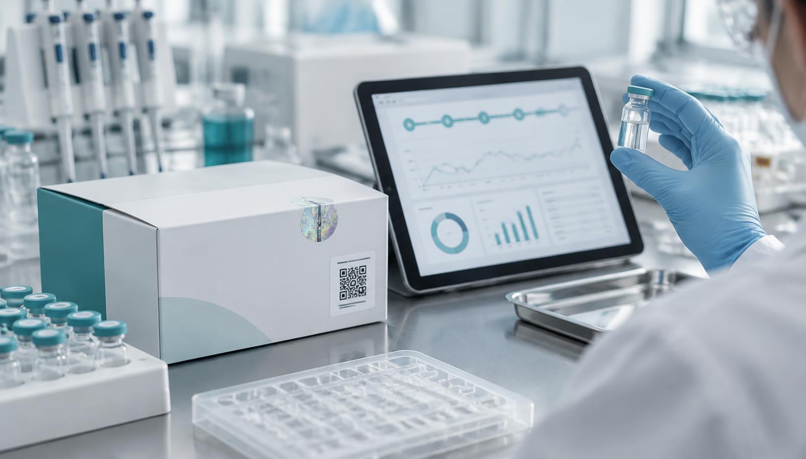 Quality-control bench with a sealed research kit carrying a holographic seal and QR label beside a tablet showing a batch record.