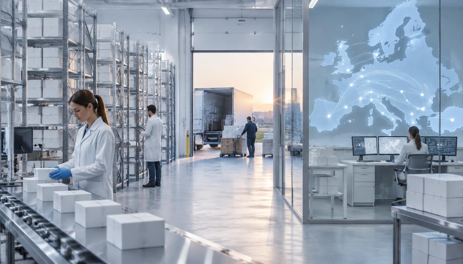 Bright European distribution hub with sealed white research kits on shelving and a map of Europe showing delivery routes.