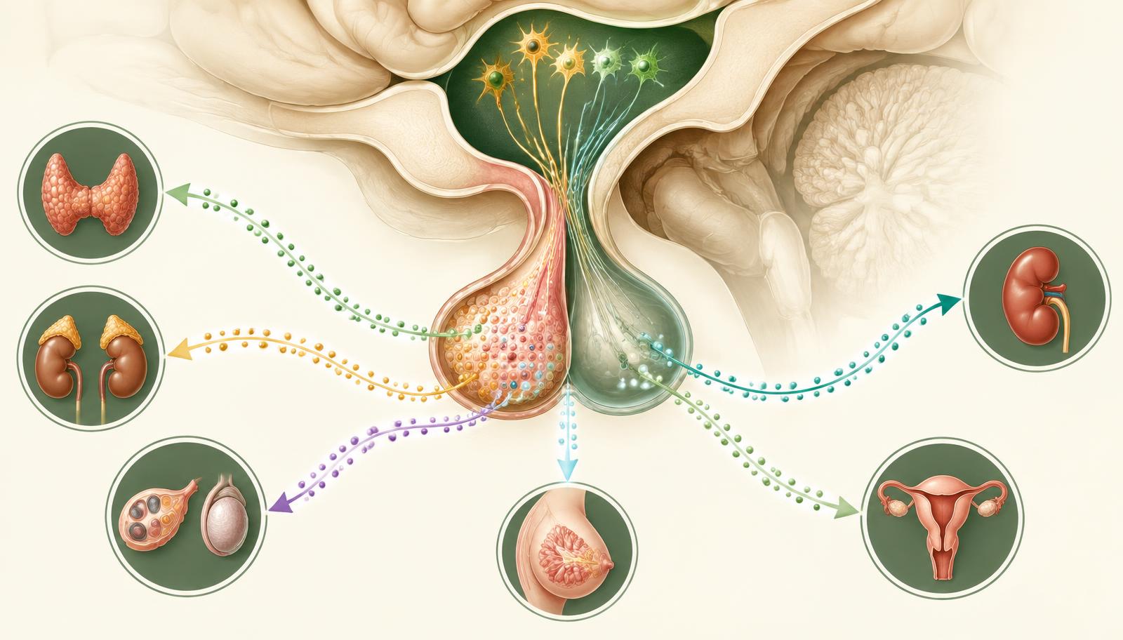 Anatomical illustration of the hypothalamus and pituitary gland with hormone signalling pathways to body organs