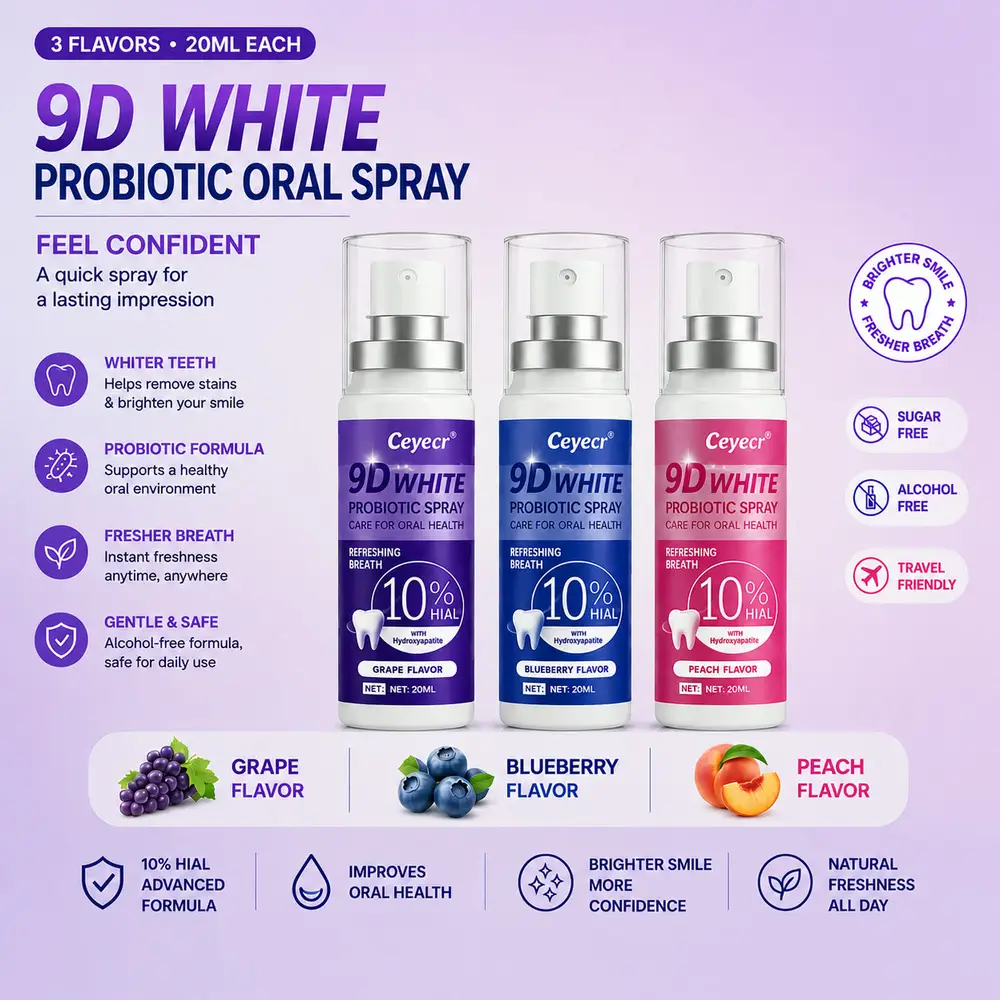 9D White Probiotic Oral Spray — 3 flavours x 20ml (grape, blueberry, peach) for whiter teeth, fresher breath and daily oral care