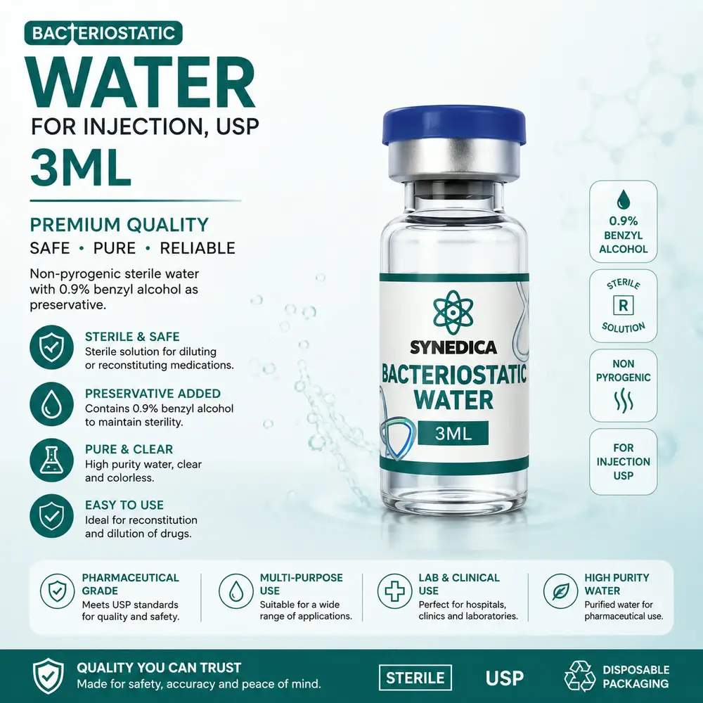 Synedica Bacteriostatic Water for Injection USP — 3ml sterile vial with benzyl alcohol preservative