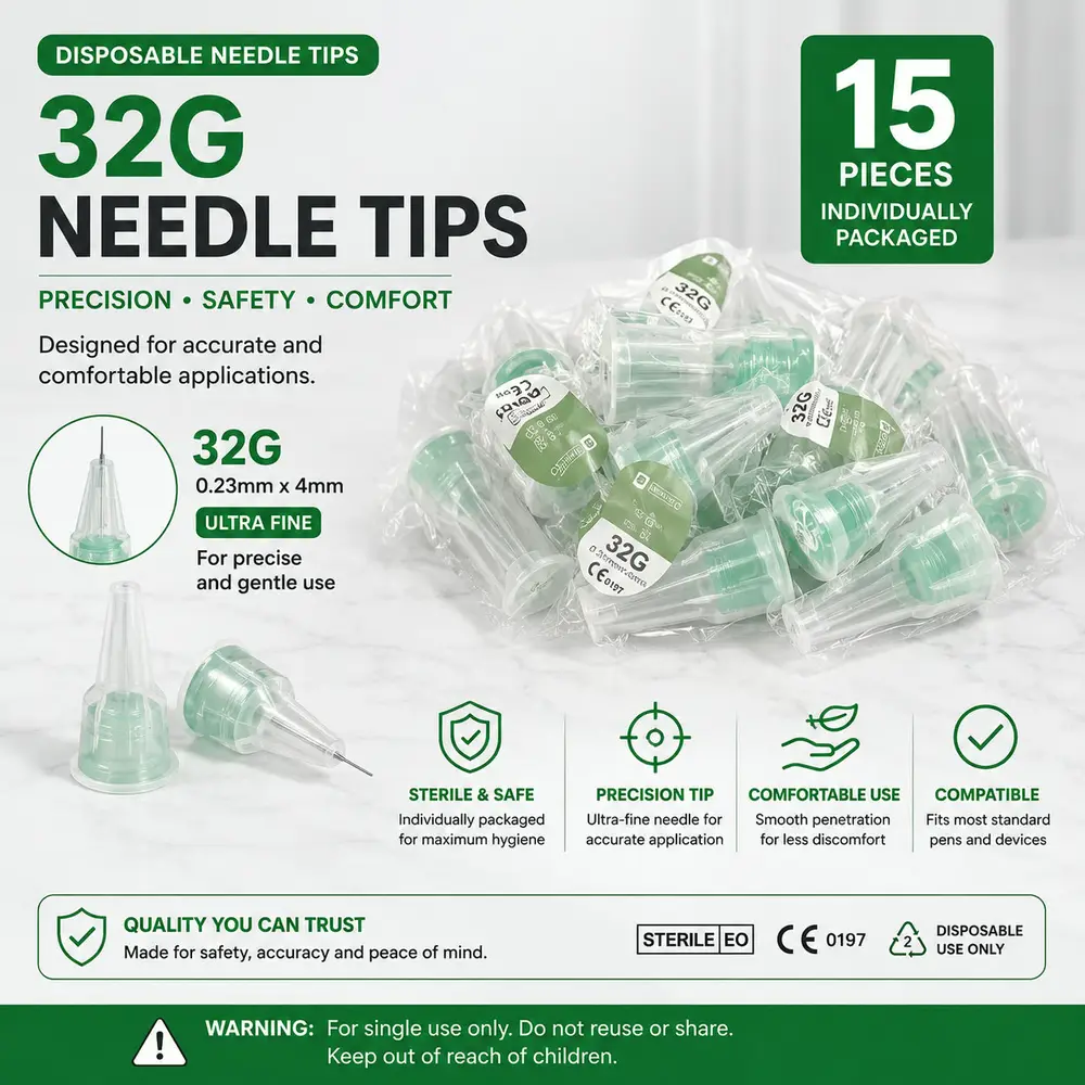 Disposable 32G needle tips — 15 individually packaged sterile tips, 0.23mm x 4mm, ultra fine for precise and comfortable use