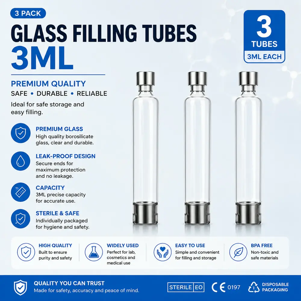 Glass Filling Tubes 3 Pack — 3ml each, premium borosilicate glass with leak-proof caps