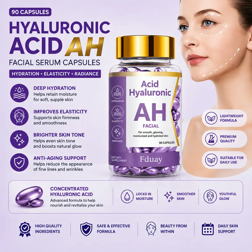 Hyaluronic Acid AH Facial Serum Capsules — 90 capsules, concentrated hyaluronic acid for hydration, elasticity and radiance
