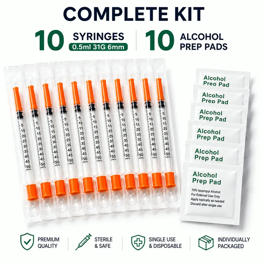 Insulin Syringe Kit — 10 sterile 0.5ml 31G 6mm syringes plus 10 alcohol prep pads